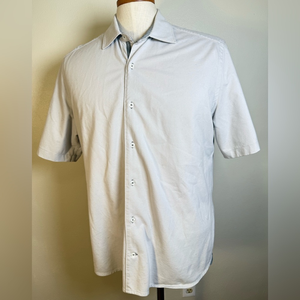 True Measure Of A Man Mens Button Down Shirt Large Short Sleeve Grey Cotton